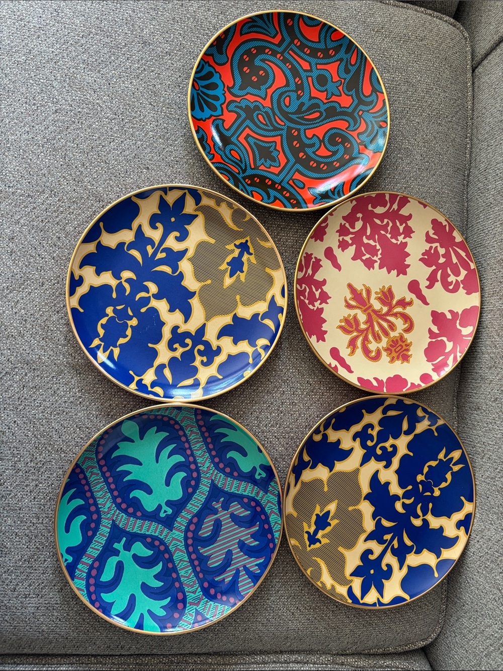 Tracy Reese Decorative Ceramic small Plates in Blue, Teal, Coral, Pink and Gold